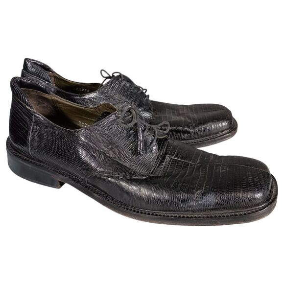 Mezlan Dress 13 Mens Black Genuine Lizard Derby Square Toe Lace Up Animal Print - Picture 1 of 12